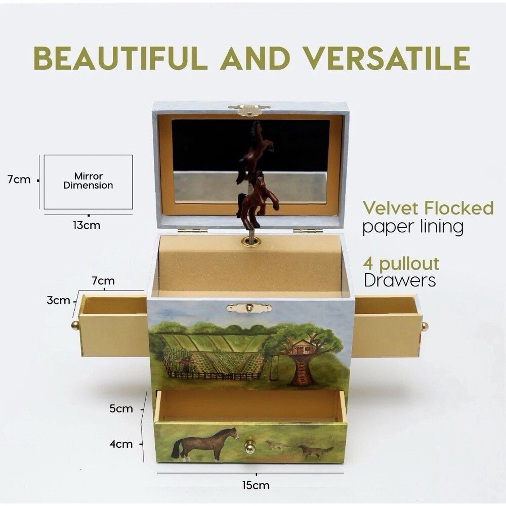 Vintage Enchantmint Horse Ranch Musical Jewelry Box w/ Drawers Mirror Farm Scene - Picture 2 of 12